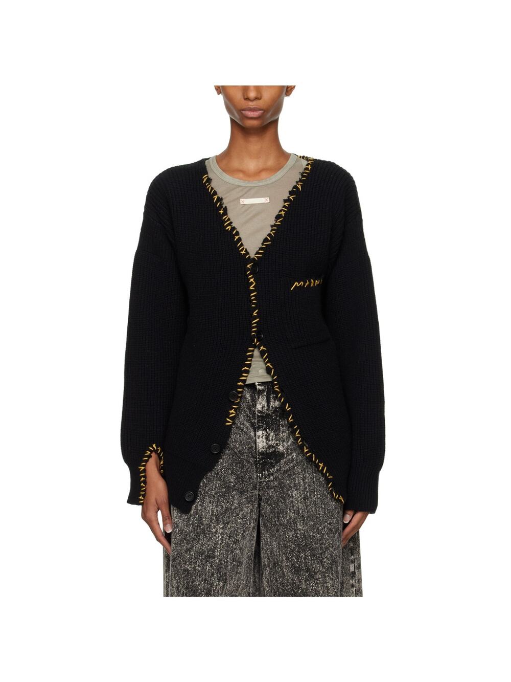 Marni Ribbed Black Whipstitch V-Neck Cardigan Size 48